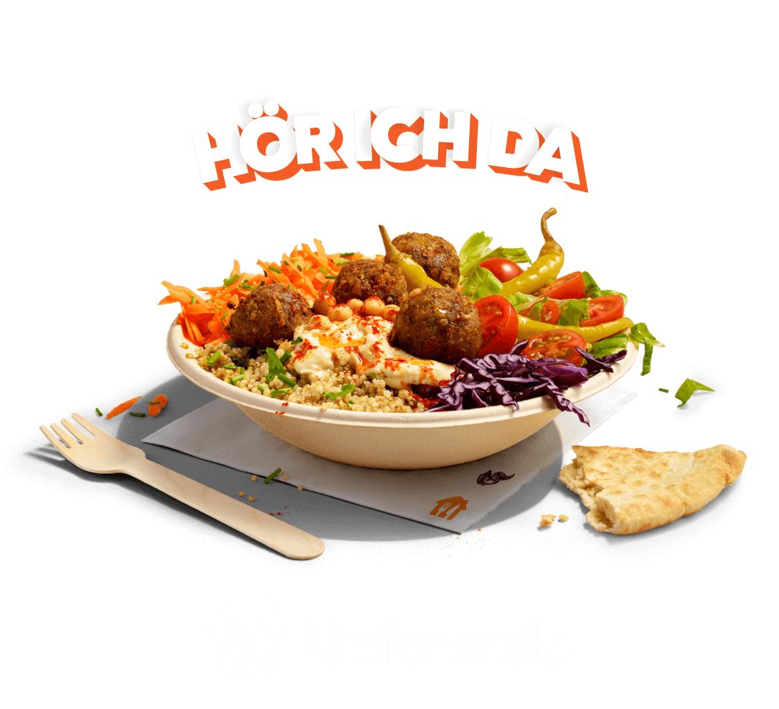 Grafik des Slogans Hör ich da über einem Teller mit Falafeln und Gemüse auf orangem Hintergrund; darunter das Logo von Lieferando