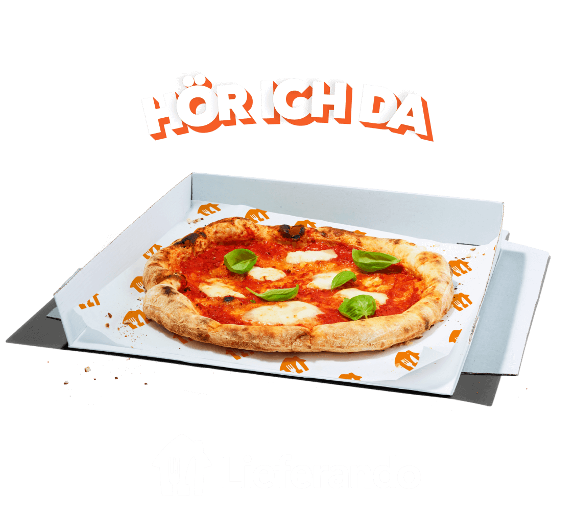 Grafik des Slogans Hör ich da über einer Pizza auf orangem Hintergrund; darunter das Logo von Lieferando